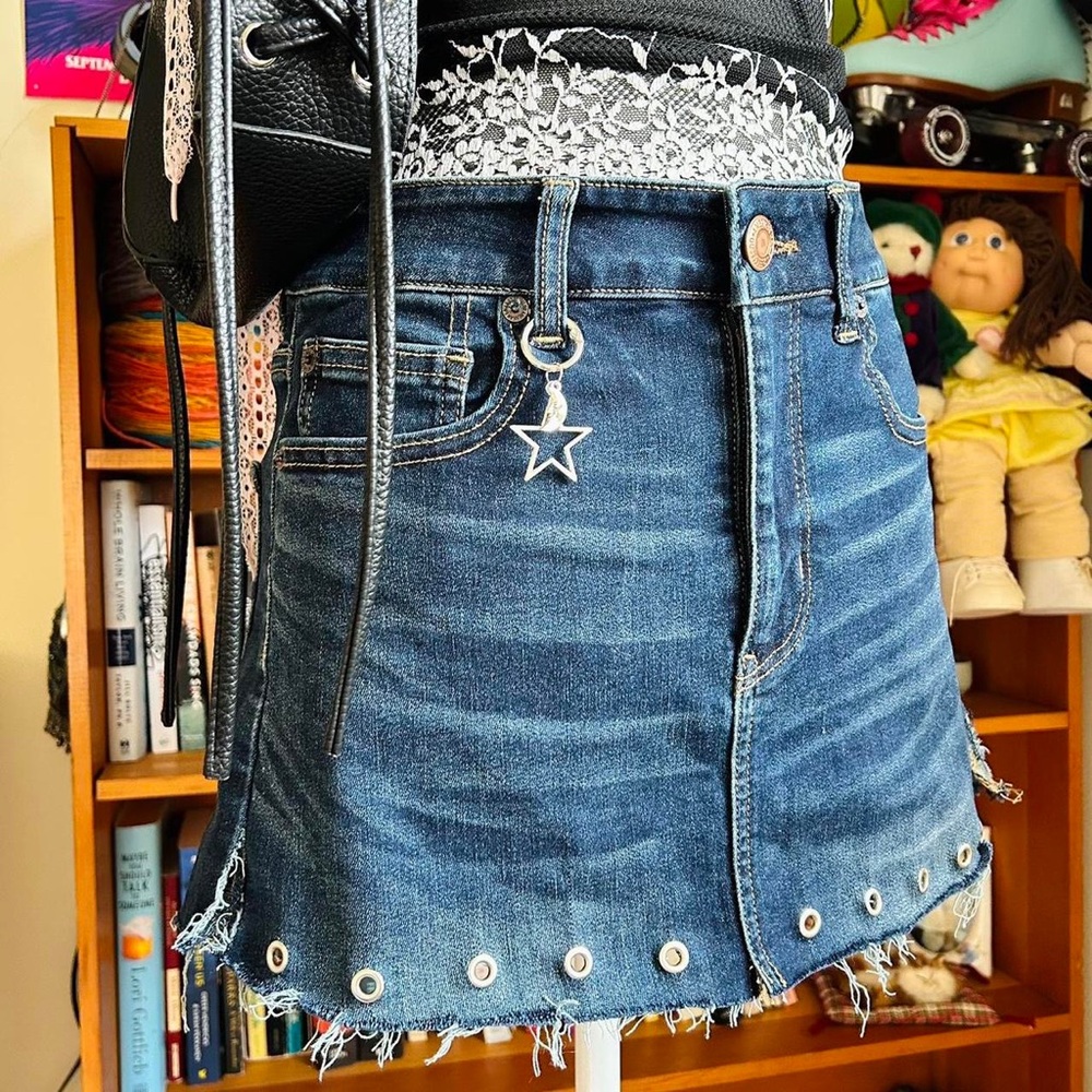 Denim Eyelet Mini Skirt with Star Charm - Blue